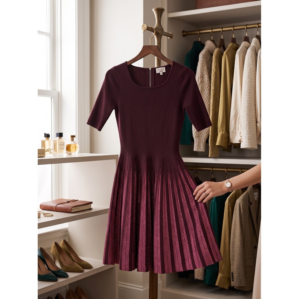 Preppy Milly Burgundy Lurex Metallic Pleated Fit Flare Sweater Dress S Holiday